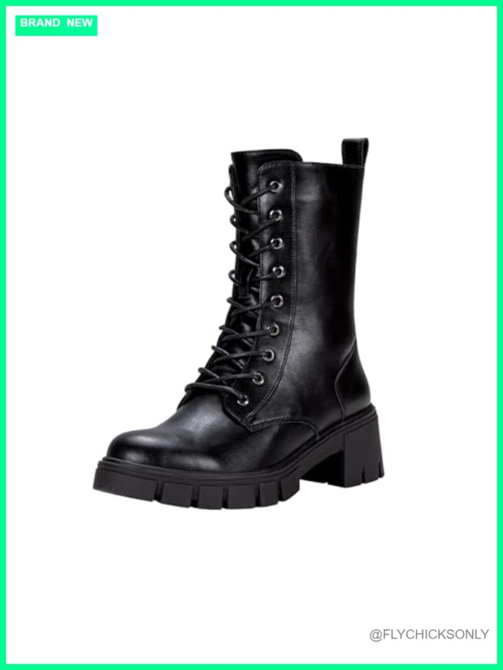 Mid Calf Combat Boots Lace Up Chunky Platform Faux Leather Side Zip